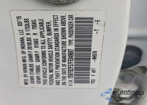 2015 Honda Civic Lx from USA, damaged, VIN 19XFB2F57FE049697